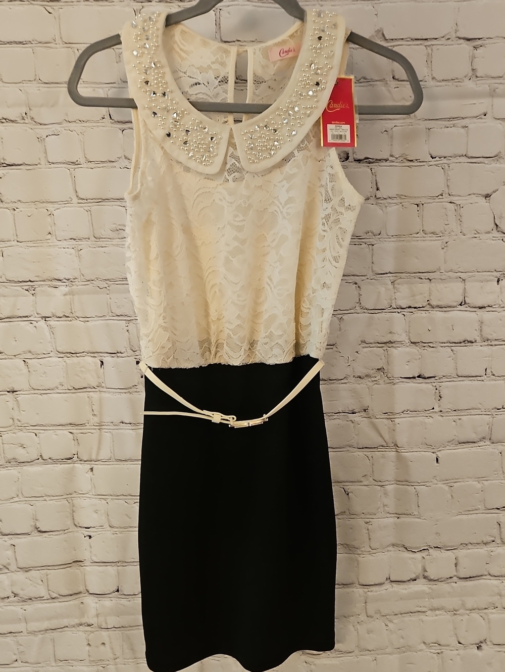 Candie's Black and White Lace Dress with Jeweled Collar